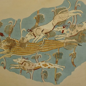 Wild boar hunting. Fresco dated between 14th and 13th centur