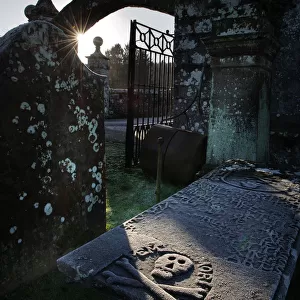 Winter sun highlights a skull & crossbones on a tomb