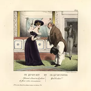 Woman meeting a portly dandy in a parlour