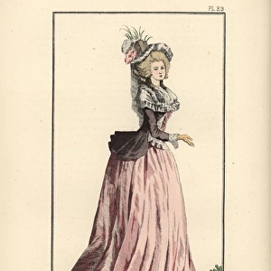 Woman in puce taffeta caraco over a petticoat