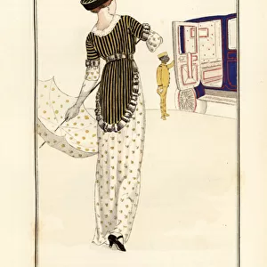 Woman in waistcoat of pekine velvet over a printed