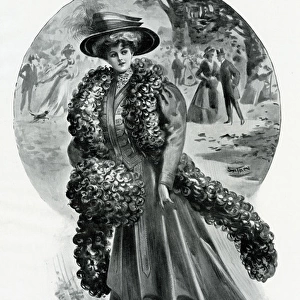 Woman wearing feather boa and muff 1907