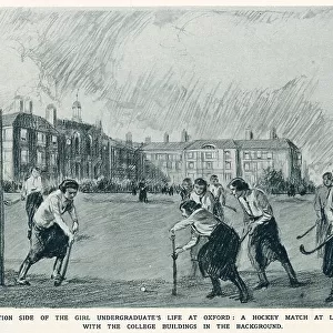 Women undergraduates of Lady Margaret Hall taking part in a hockey match. Date: 1920