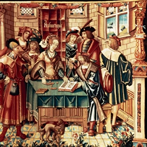 Wool and silk tapestry depicting a banker making a loan tra