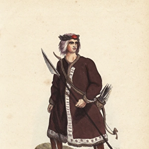 Yakut man wearing a fur-lined coat, with spear