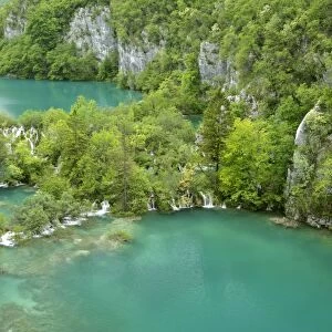 Canyon lower lakes area and cascades from above Plitvice Lakes National Park, Croatia