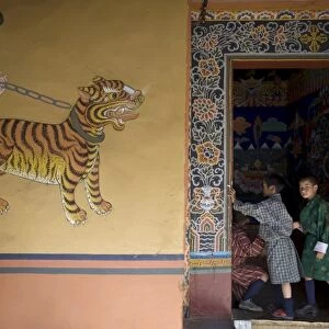 Bhutanese boys, Paro Dzong, Paro, Bhutan, Asia