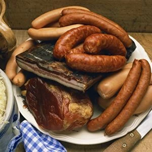Choucroute Garni, a selection of meat and sausages from Alsace Lorraine, France, Europe