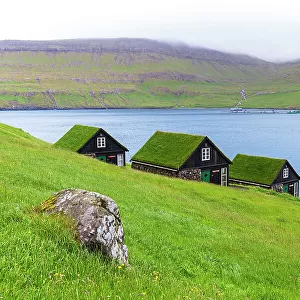 Houses with turf roofs, Bour village, Vagar island, Faroe islands, Denmark, Europe