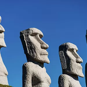 Moai statues against a blue sky, Makomanai Takino Cemetery, Hill of the Buddha, Sapporo, Hokkaido, Japan, Asia