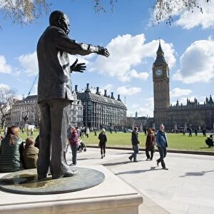 Nelson Mandela statue and Big Ben clocktower, Parliament Square, Westminster, London