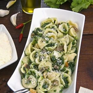 Orecchiette (little ears), a type of pasta of Apulia, with broccoli rabe and salted fish