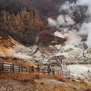 Pathway through steaming Sulphur pits, Hell Valley, Shikotsu-Toya National Park, Noboribetsu, Hokkaido, Japan, Asia