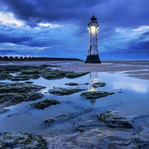 Perch Rock Lighthouse and the sands of New Brighton at twilight, New Brighton, The Wirral, Merseyside, England, United Kingdom, Europe