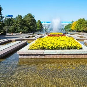 Republic Square Park, water spraying from fountain, Almaty, Kazakhstan, Central Asia