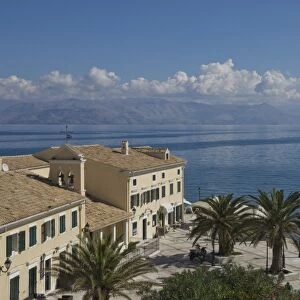 Sea view over a sea side cafe from Corfu Town, Corfu Island, Ionian Islands, Greek Islands, Greece, Europe