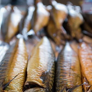 Smoked herring in Fish Market, Bruges, Belgium, Europe
