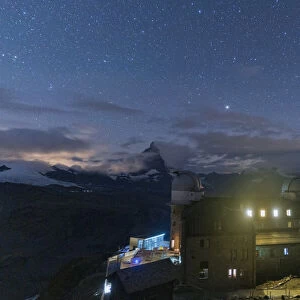 Starry sky over the Kulmhotel Gornergrat and Matterhorn, Zermatt, canton of Valais