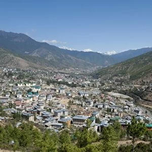 View looking down across Thimpu town, Thimpu, Bhutan, Asia