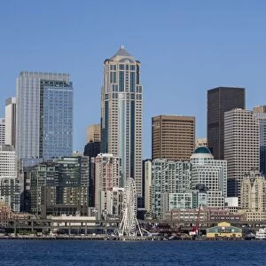 A view from Puget Sound of the downtown area of the seaport city of Seattle, King County