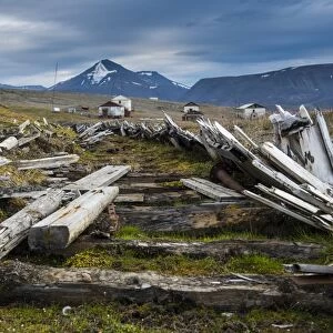 Wooden train tracks in the abandonend Russian coalmine, Colesbukta, Svalbard, Arctic, Norway, Scandinavia, Europe