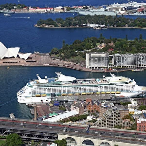 Aerial view of Sydney Opera House, and a cruise ship in the harbour, Sydney, New South Wales