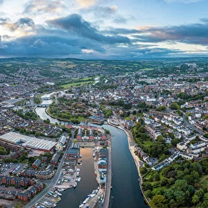 Aerial view over Exeter city centre and the river Exe, Devon, England