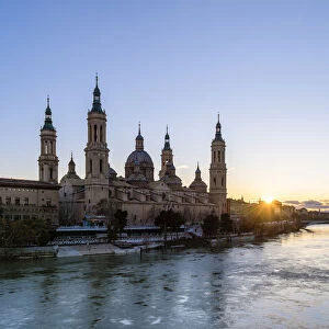 Cathedral of Our Lady of the Pillar at sunset. Zaragoza, Aragon, Spain