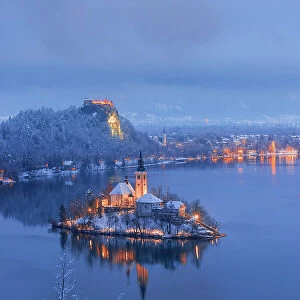 Elevated view of the Church of the Assumption, Lake Bled, Slovenia by night