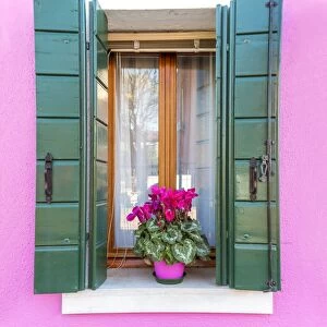 Italy, Veneto, Venice, Burano. Typical window on a colorful house