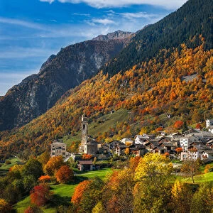A perfect Autumn day at Soglio, Maloja region, Canton of Graubunden, Bregaglia valley