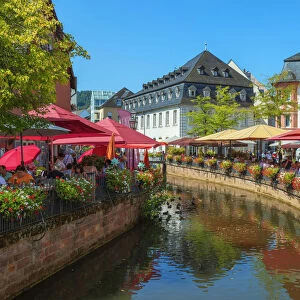 River Leuk with restaurants, Saarburg, Rhineland-Palatinate, Germany
