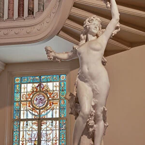 A sculpture and vitreaux stained glass inside the Palacio Paz building, Retiro, Buenos Aires, Argentina