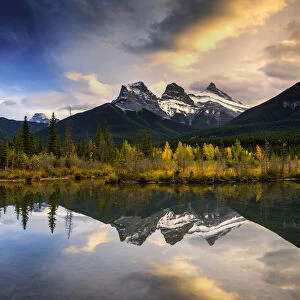 Three Sisters Reflecting in Bow River, Banff National Park, Alberta, Canada