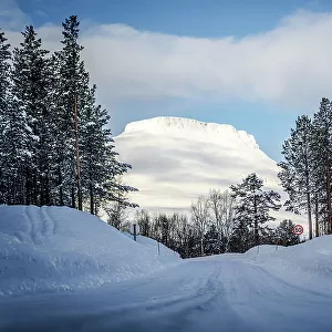 Empty snowy road into a frozen forest leading to majestic mountains of Lyngen Alps, Tromso, Troms og Finnmark, Norway