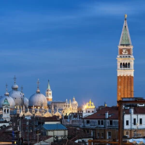 Venice roofs with St Mark Basilica, San Giorgio Maggiore and St Mark bell tower. Venice