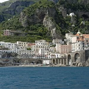 Town of Atrani near Amalfi seen from a boat on the Bay of Salerno, Province of Salerno, Campania, Italy May