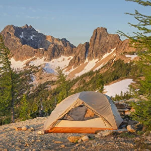 Backpacking tent at daybreak on ridge above Cutthroat Pass, near Pacific Crest trail