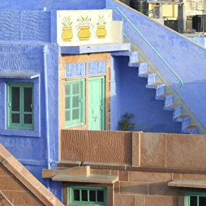 Blue City, Jodhpur, India. Blue apartment with a teal, green door, and painted flower pots