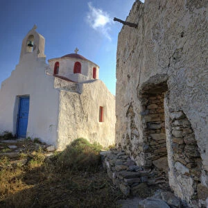 Europe, Greece, Greek Isles, Mykonos, Old building and Chapel in central island location