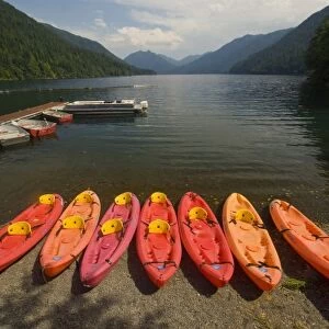 Kayaks for Rent at Fairholm, Lake Crescent, Olympic National Park, Washington, US