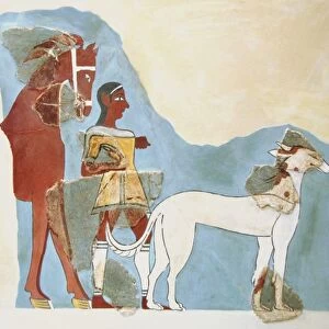 Man standing holding the reins of a horse with a dog before. Fresco dated between 14th