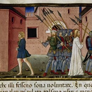 Pilate liberates Barabbas and orders Jesus is crucified. Codex of Predis (1476). Royal Library