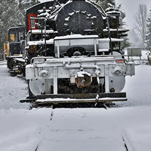 Steam engine train on tracks in town of Snoqualmie, Washington State