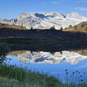 USA, California, Inyo National Forest. Panoramic of mountains reflecting in Humming Bird Lake