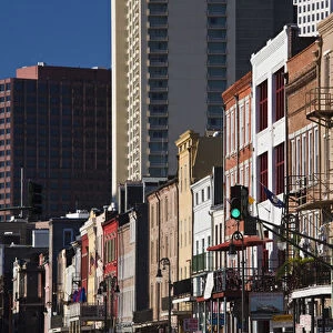 USA, Louisiana, New Orleans. Buildings along Decatur Street, morning