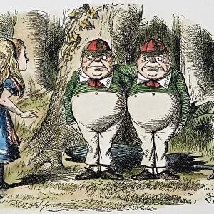 Alice meets Tweedledum and Tweedledee. Wood engraving after Sir John Tenniel for the first edition of Lewis Carrolls Through the Looking Glass, 1872
