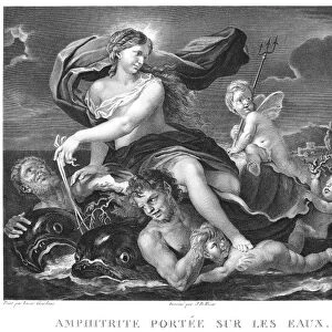AMPHITRITE. The sea-goddess Amphitrite is carried on the waters. Copper engraving, French, 18th century