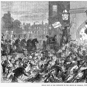 ANTI-CORN LAW RIOT, 1815. Anti-Corn Law riot at the House of Commons in London, England, 1815. Wood engraving, English, 19th century