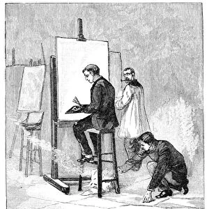 ATELIER, 1884. An art student lighting a fire under the chair of a new fellow student